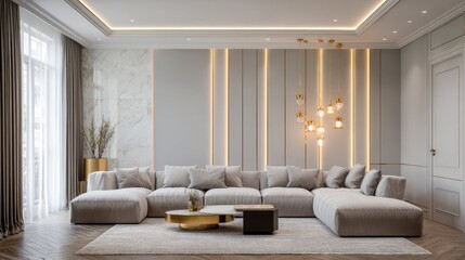 Relaxing living room layout with ergonomic sofa and well-placed lighting for calm ambiance