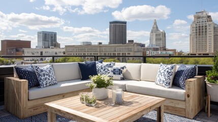 Relaxing rooftop corner with throw pillows and modern decor elements, urban skyline visible