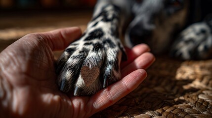 Spotted paw resting lovingly in hand