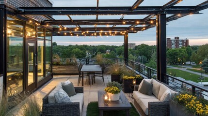 Rooftop scene at dusk with elegant lighting and decorative plants adding warmth