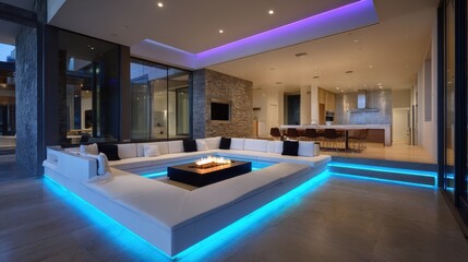 Sleek modern sofa with accent lighting and practical furniture for a functional living room