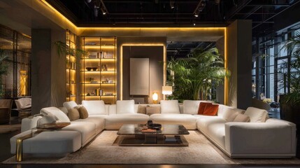 Sleek modern sofa with accent lighting and practical furniture for a functional living room