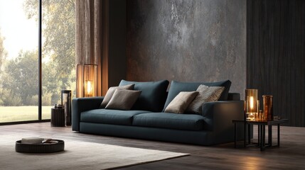 Sleek modern sofa with accent lighting and practical furniture for a functional living room