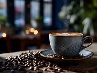 Steaming latte art atop coffee beans