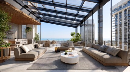 Sleek rooftop space with glass-enclosed lounge area and airy outdoor seating