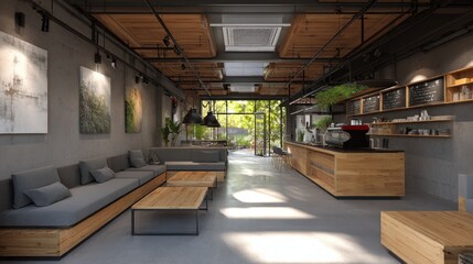 Soft natural lighting brightens the indoor zone of a rooftop caf with minimalist decor