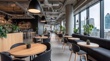 Soft natural lighting brightens the indoor zone of a rooftop caf with minimalist decor