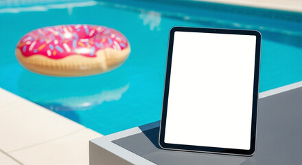 White Tablet Mockup Stylish Outdoor Lounge Sparkling Blue Pool Inflatable Donut Float Custom Screen Leisure Summer Relaxation Modern Tech Device Branding Clean Minimal Scene