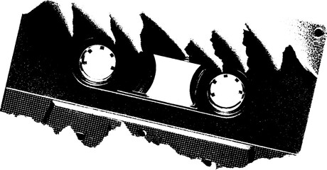Retro vibes: torn cassette tape spool in high contrast black and white design