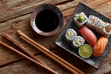 Sushi Platter with Chopsticks and Soy Sauce