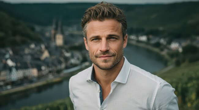 A confident man stands outdoors with a picturesque river valley behind him. His casual attire complements the serene atmosphere of the quaint village and lush greenery around him