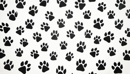 Seamless black doodle paw prints pattern on white background. Minimalist design for pet lovers. Home decor, wallpaper, wrapping paper, fabric, pet care industry illustration.