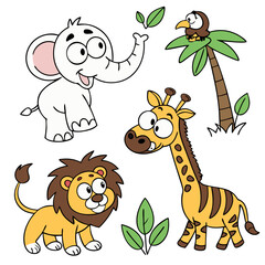  Cute Cartoon Jungle Animals Doodle Set

