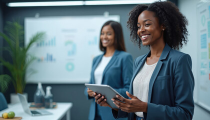 Two African women in office present data with tablet. Smiling digital marketing specialist team, business casual attire. Energetic, happy faces, whiteboard charts, modern tech workplace.