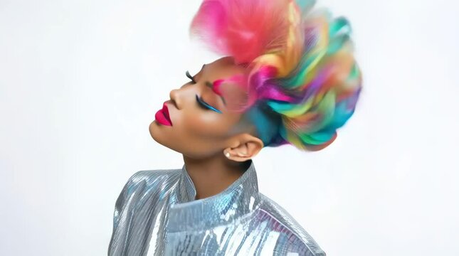 moving woman with colorful mohawk  hairstyle
