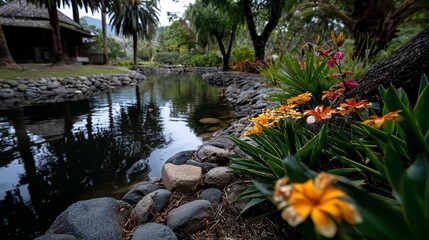 Tranquil garden pond reflected trees vibrant blooms