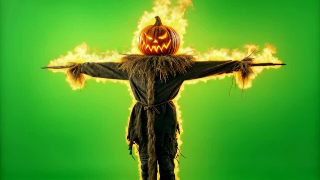A fiery Halloween scarecrow with a glowing jack-o-lantern head stands against a vibrant green screen background perfect for spooky season projects and digital compositing.