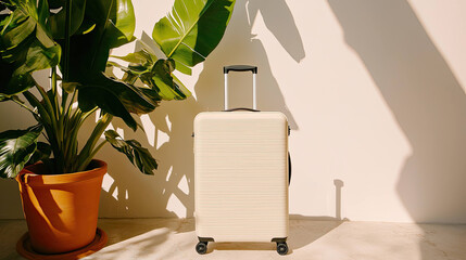 Beige hard shell suitcase stands next to large potted tropical plant casting shadows sunlit wall