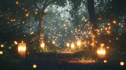 Enchanted woodland scenery with radiant illumination as a backdrop