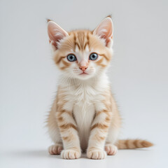 Adorable kitten sits softly, playful and curious on a clear white backdrop. Pure cuteness personified