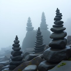 Obraz premium Serene Stacked Dark Grey Stones in Soft White Mist – Zen-Inspired Minimalist Balance and Tranquility Concept for Spa, Wellness, and Meditation Themes