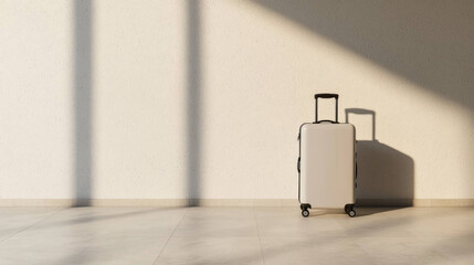 Minimalist beige suitcase standing on tiled floor with sunlight casting shadows on wall