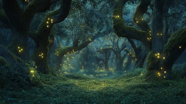Enchanted woodland filled with darkness and mystique under the night sky illuminated by radiant lights