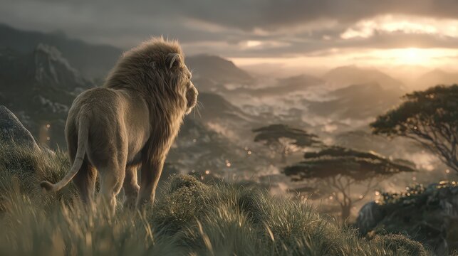 A majestic lion walks away, showing its powerful physique from behind, as dawn breaks over a misty landscape with rolling hills and trees in the distance