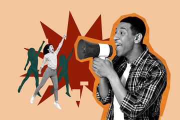 Sketch design artwork 3D photo collage of young man hand hold loudspeaker proclaim lady jump leader...
