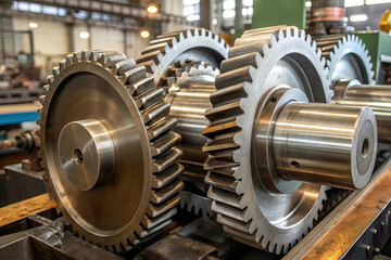 Close-up of moving metal industrial gears (machine)