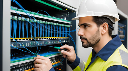 Network engineer measuring fibre optic