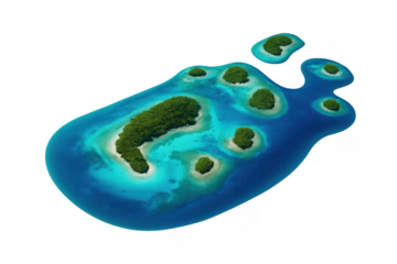Aerial view of curved island chain resembling footprint shape over turquoise waters, symbolizing environmental preservation and global travel perspectives