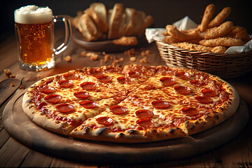 Delicious pepperoni pizza served with beer breadsticks and bread on a wooden table.