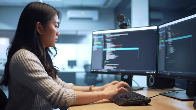 Focused programmer analyzes code on multiple monitors in a modern office