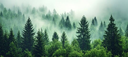The black forest, or Schwarzwald, in Germany boasts a breathtaking panorama of mystical forest trees rising through the fog in a dramatic landscape banner that evokes a dark mood © Artem