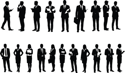 Business team silhouette illustration, group of professionals standing, office staff collaboration, male and female corporate workers, teamwork concept, formal clothing vector, 