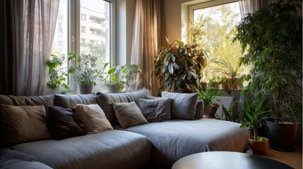 Soft upholstered sofa in a cozy, plant-filled corner of a modern living room