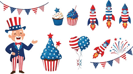 Patriotic themed cartoon with uncle sam, rockets, and festive treats