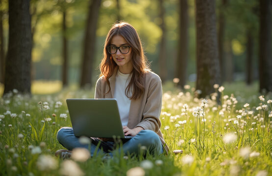 Young woman using laptop sitting in green grass with flowers in park. Female working outdoors, enjoying nature. Remote work telecommuting, freelance lifestyle, digital nomad, work everywhere, travel.