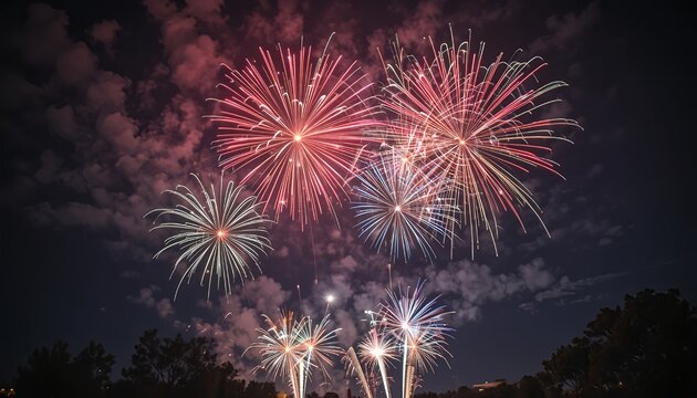 Fireworks celebration background with dark night sky and colorful exploding lights"
