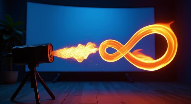 projector tripod front tv infinity symbol middle surrounded fire left side image pla