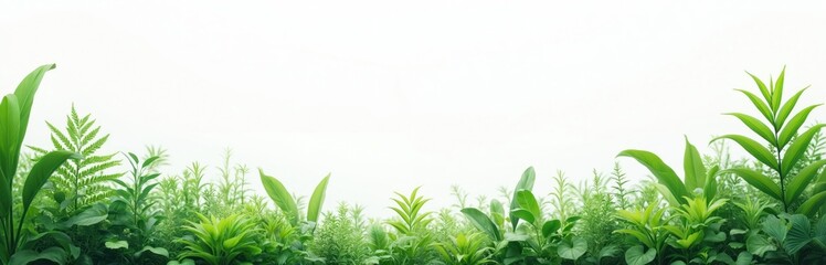Fototapeta premium Green leafy plants isolated against white background. Botanical illustration various plants, foliage, greenery. Themes of nature, growth, vitality, health, wellness. Ideal for eco concept projects.