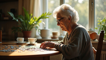 Elderly woman with glasses solves jigsaw puzzle at table near window. Sunlight, warm atmosphere, focus. Leisure activity, brain training, mental health concept for seniors, memory improvement.