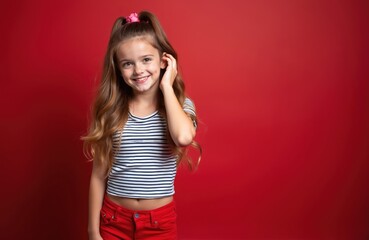 Fototapeta premium Sweet shiny girl in striped top, red pants on red background. Happy smiling child shows healthy soft hair. Casual style, beauty, care, haircare advertisement. Copy space for beauty products.
