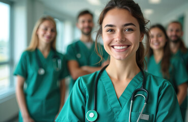 Group of happy medical students in hospital scrubs. Smiling, looking at camera. Medical professionals in uniform. Teamwork. Diverse medical team ready for future. Medicine, health care concept.