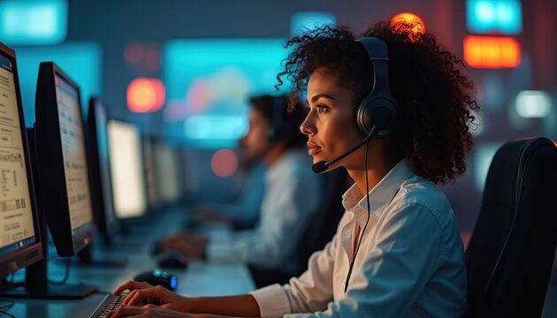911 operators work in busy call center. Team members wear headsets, answer calls, providing customer service. Emergency dispatchers communicate, coordinate. Public safety professionals work in