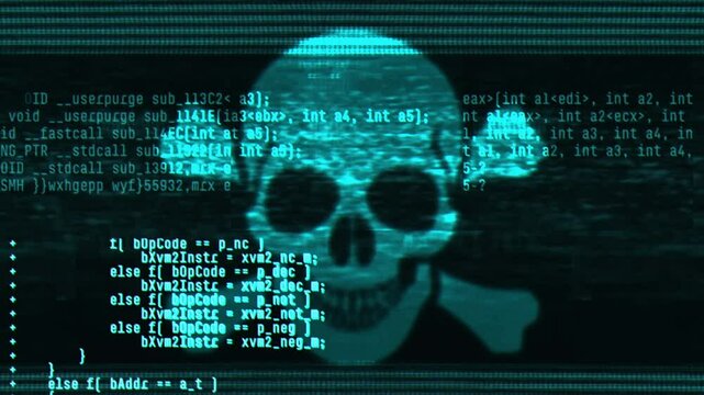 Abstract digital glitch effect with skull. Noise looped background for hacked mobile phone screen. Error signal loop. Virus code and software hack concept. Cyber security