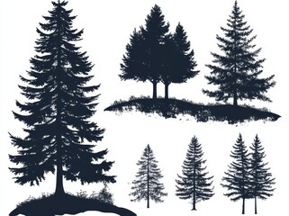 Fototapeta premium A collection of evergreen coniferous forest trees is depicted in a modern illustration featuring vintage trees and forest silhouettes in monochrome style
