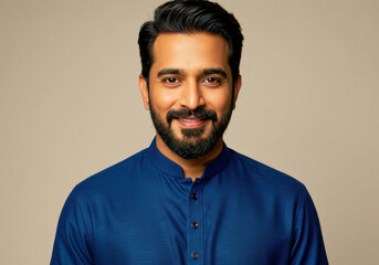 Happy Indian Man Portrait Studio Shot Wearing Traditional Kurta