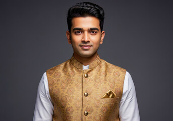 Confident Indian Man in Elegant Golden Waistcoat Studio Portrait
